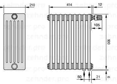 Схема (чертеж) Радиатор Zehnder Charleston 6090/9 №V002 Белый глянцевый RAL 9016